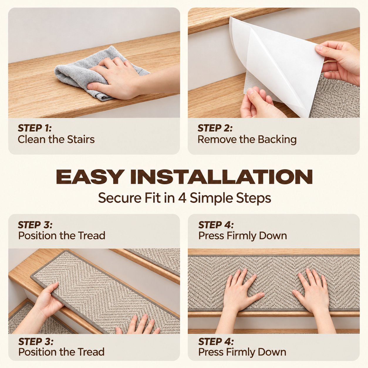 Four installation steps: clean the stairs, remove the backing, position the tread, press firmly down