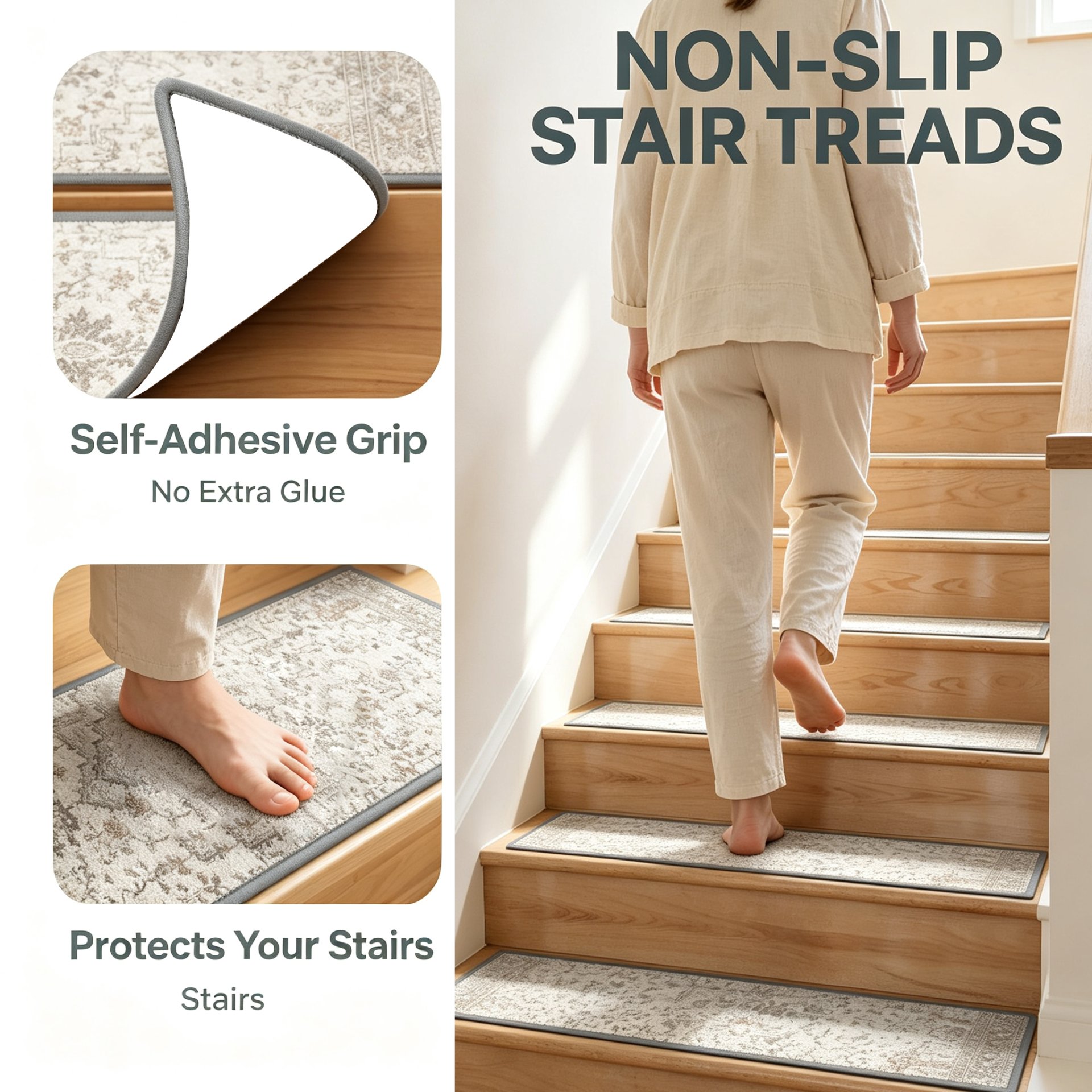 Non-slip stair tread mats: self-adhesive grip with no extra glue, protecting wooden stairs