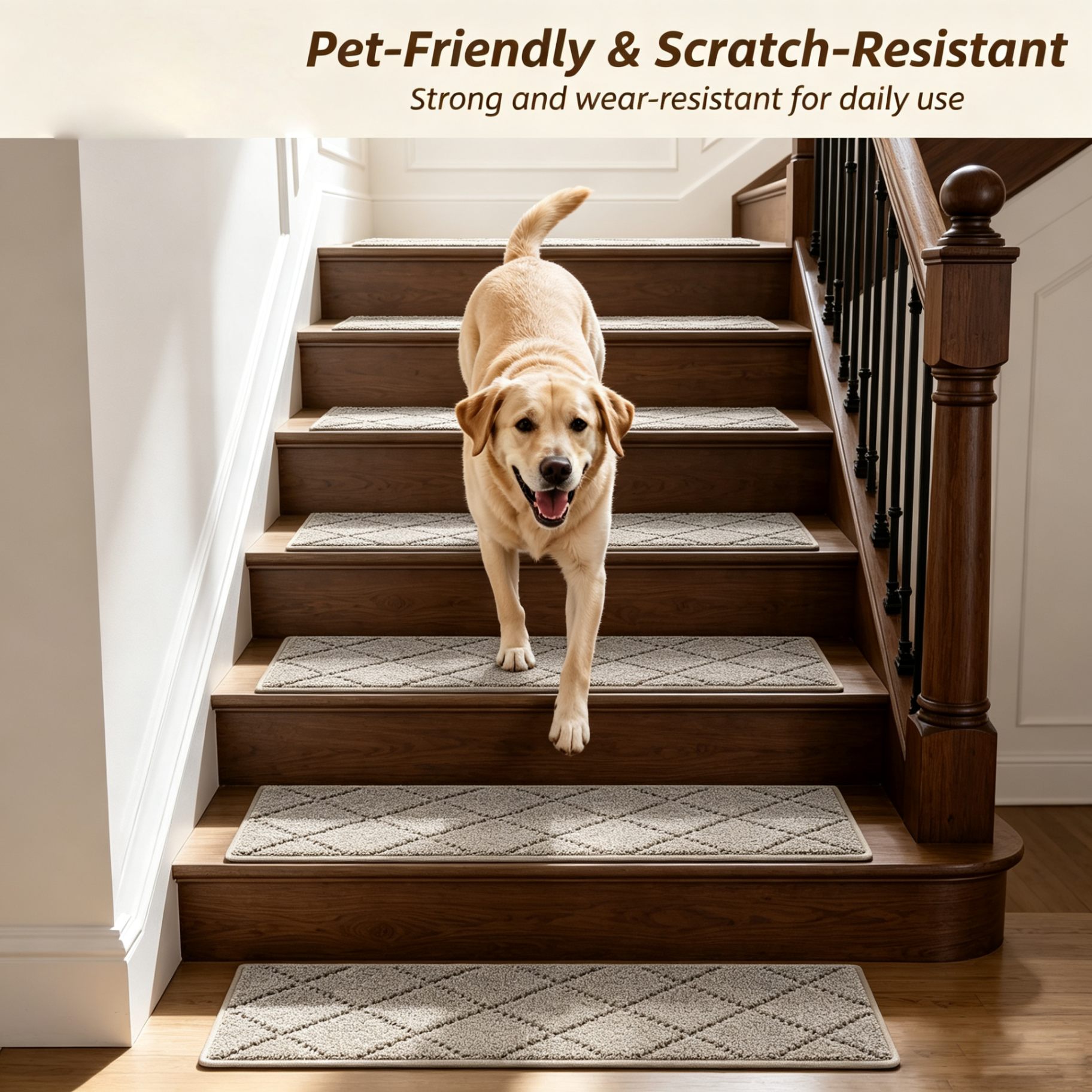 Stair tread mats on wooden stairs used in a home with a dog