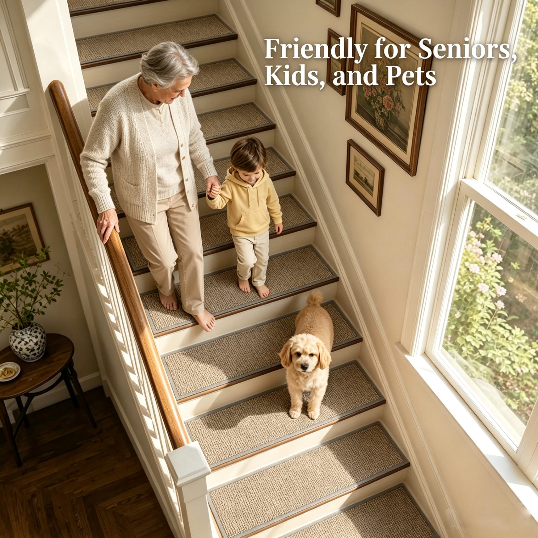 Stair tread mats in use in a family home, safe for seniors, children and pets
