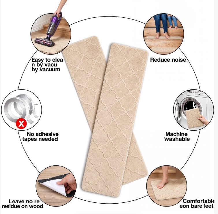 Beige mats: easy to clean, reduces noise, machine washable, no residue, comfortable