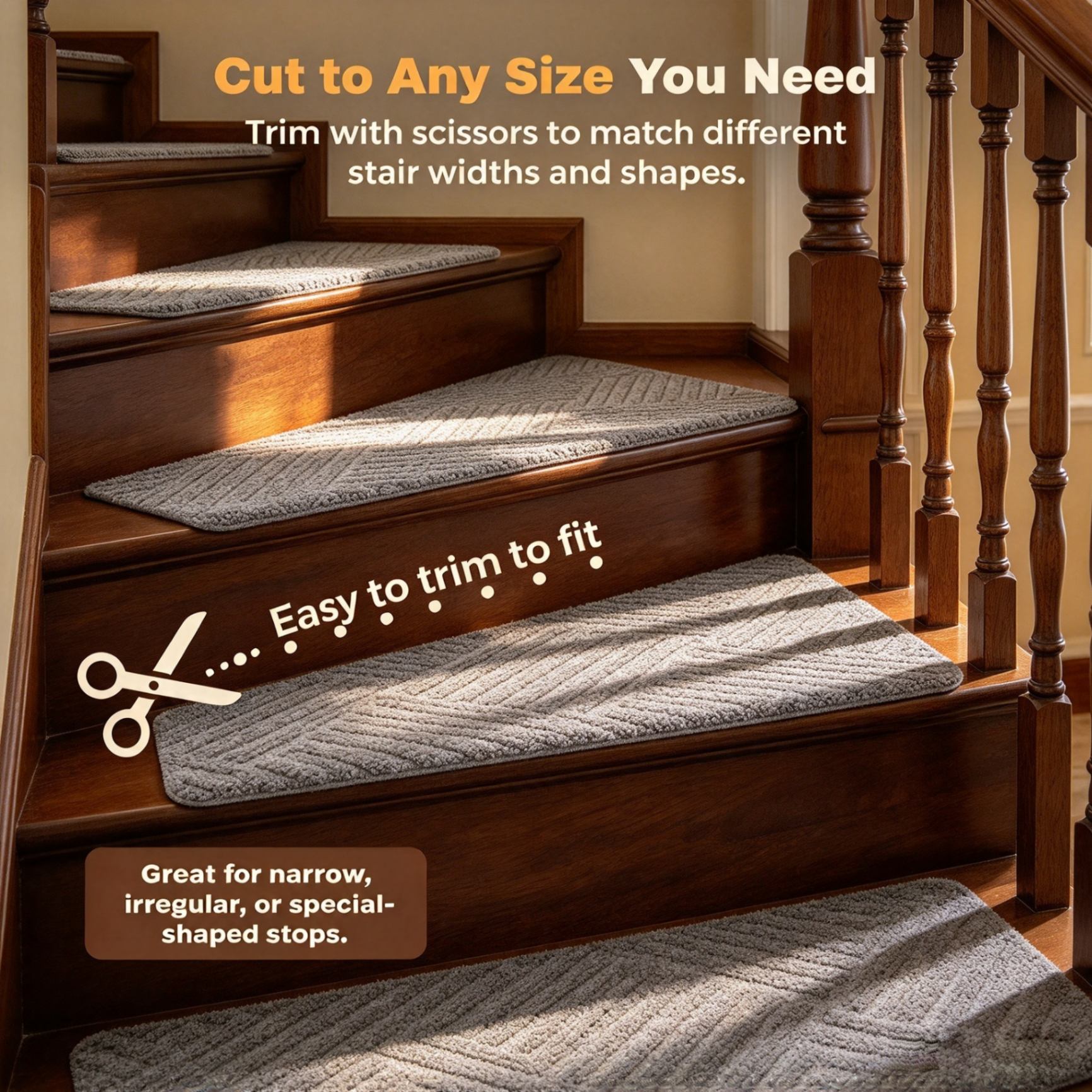 Mats can be trimmed with scissors to match different stair widths and shapes