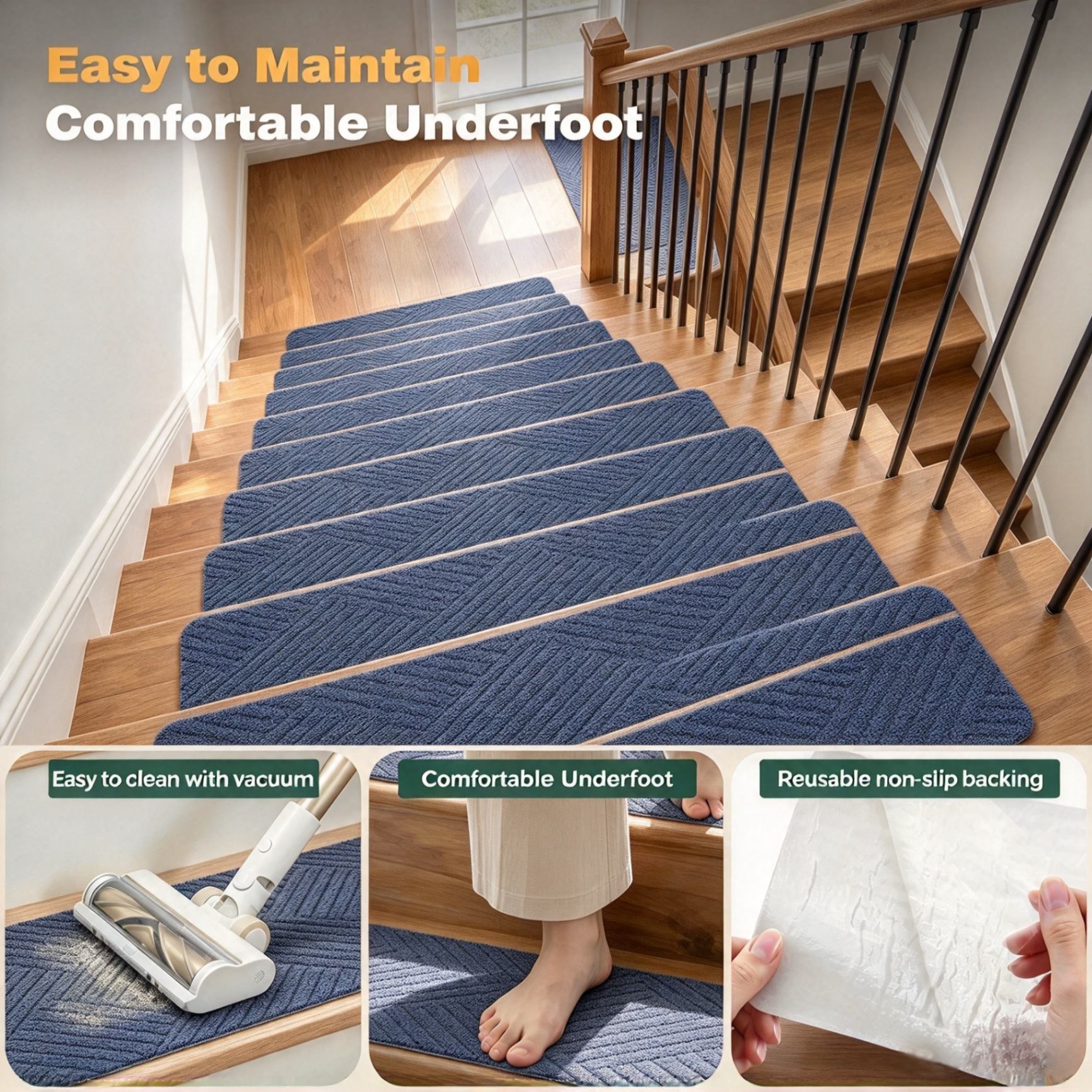 Easy to clean with vacuum, comfortable underfoot, reusable non-slip backing