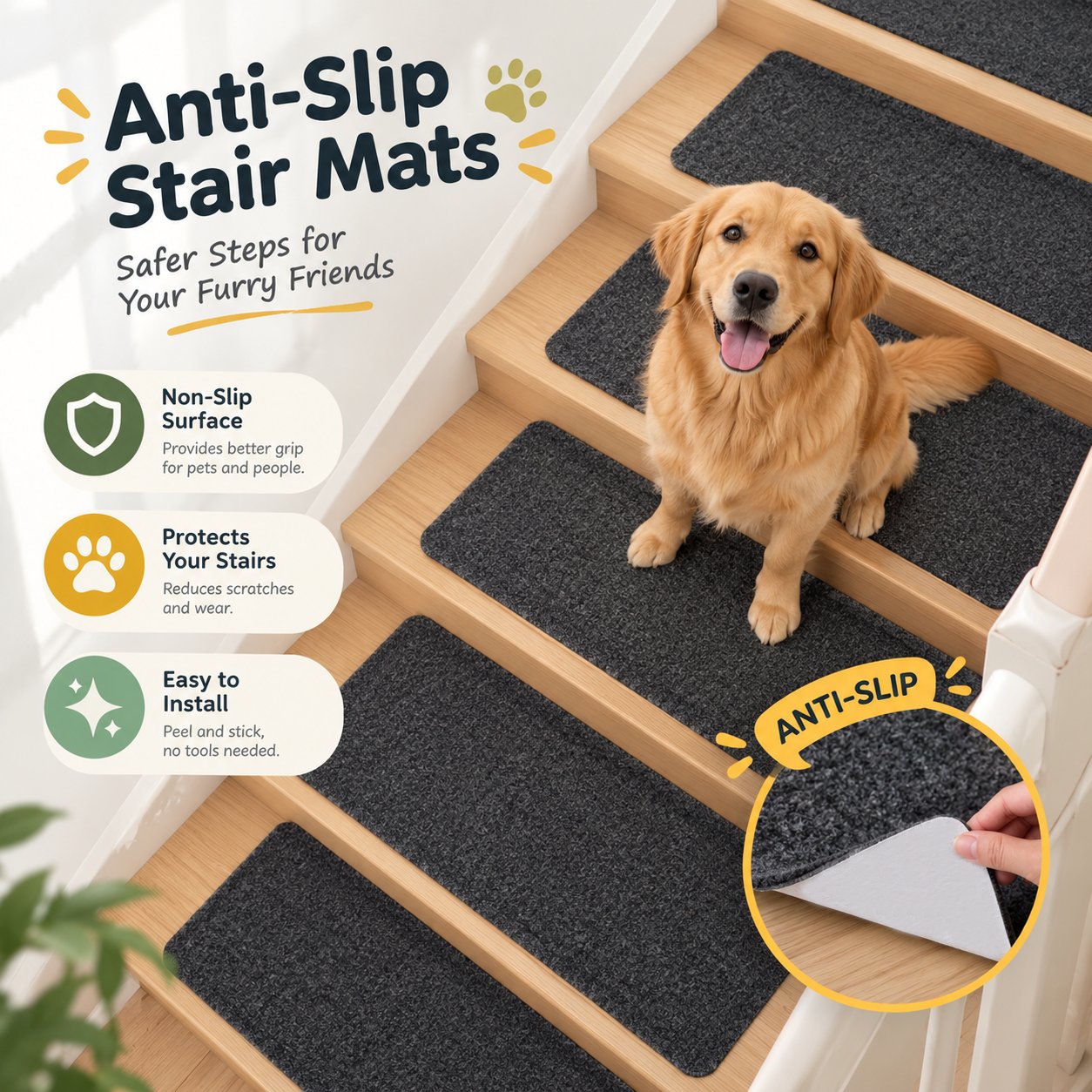 Anti-slip stair mats, safer steps for pets and people
