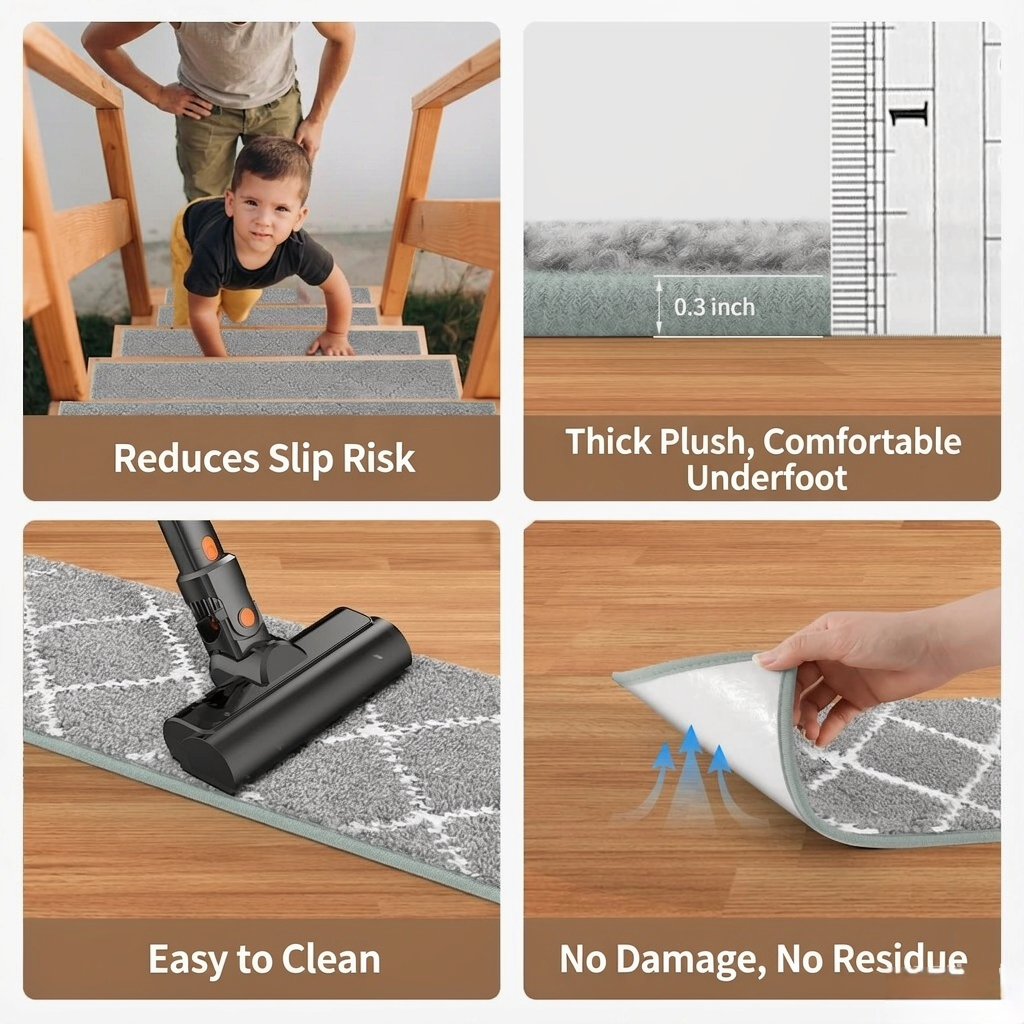 Four feature panels: reduces slip risk, thick plush underfoot, easy to clean, no damage and no residue