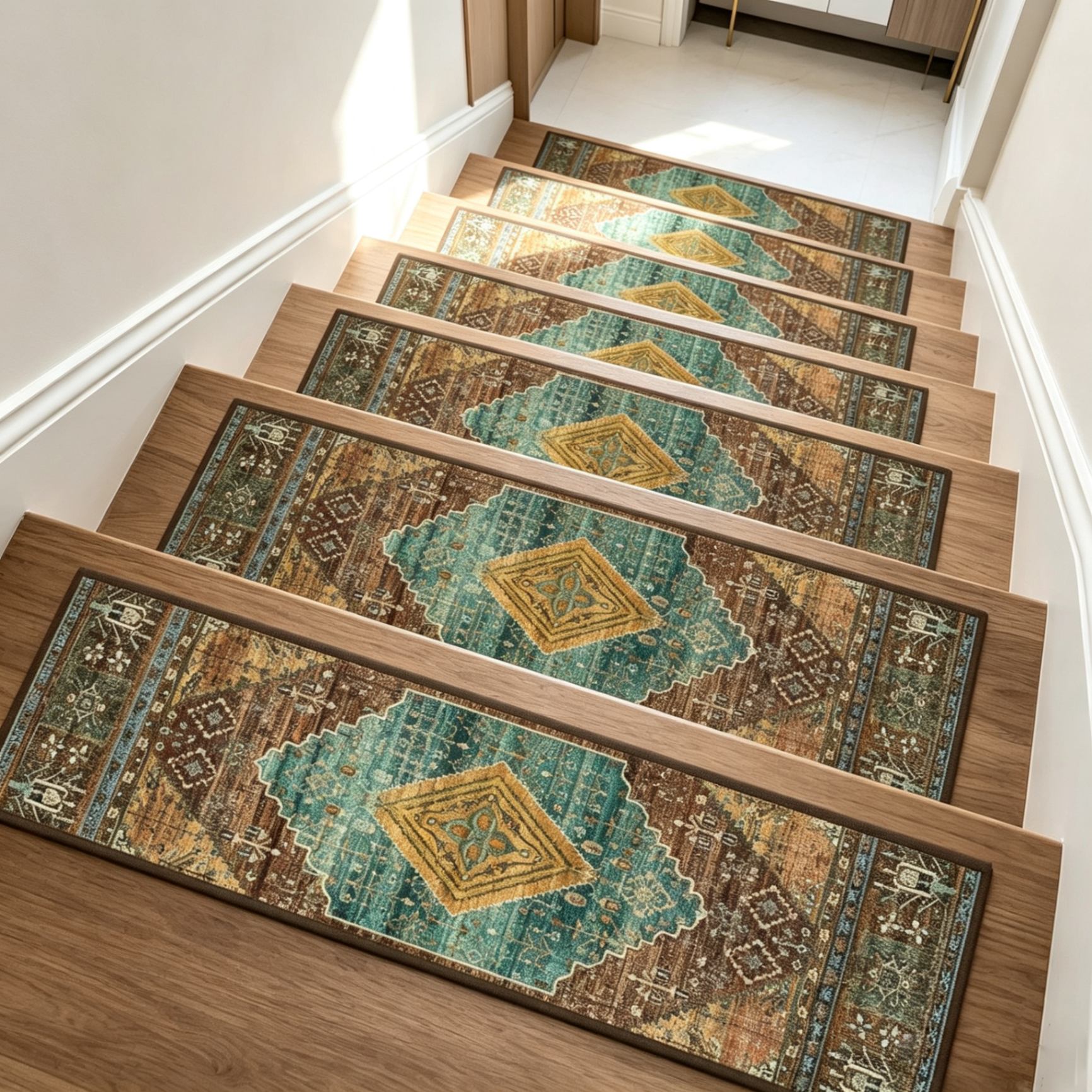 Vintage floral pattern stair tread runner on a wooden staircase